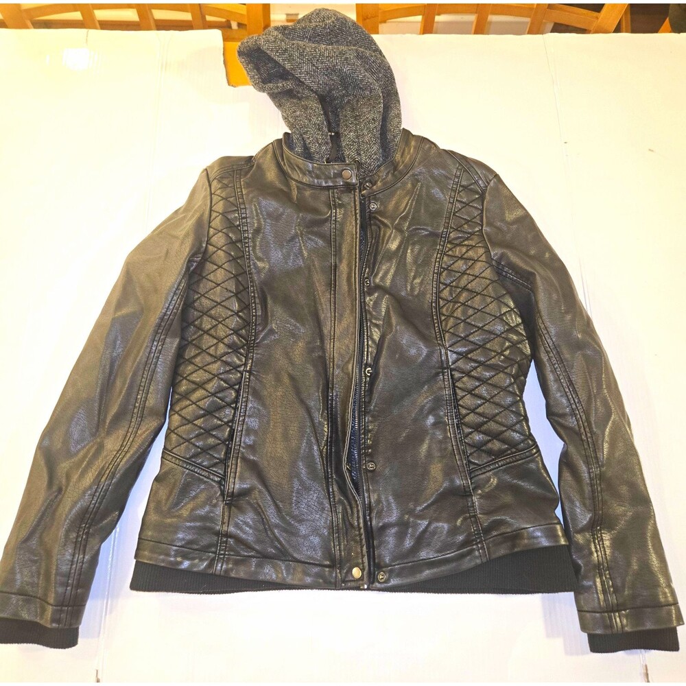 Mo-Ka Womens M Black Faux Leather Moto Jacket Quilted Hooded Biker Coat MEDIUM